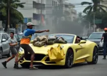 motorista de carro de luxo agride coletores de lixo