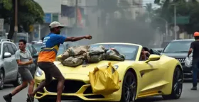 motorista de carro de luxo agride coletores de lixo